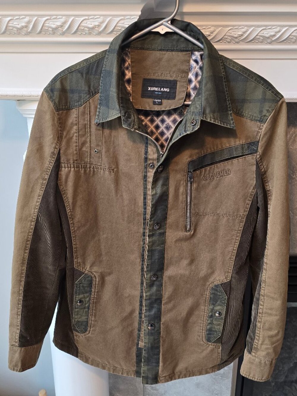 Xurelang Men's Brown / Olive Green Patterned Collar Moto Utility Jacket size L